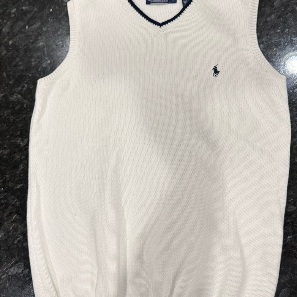 Polo Ralph Lauren White Knitted Sweater Vest w/ Navy Blue Accents- Boys Large